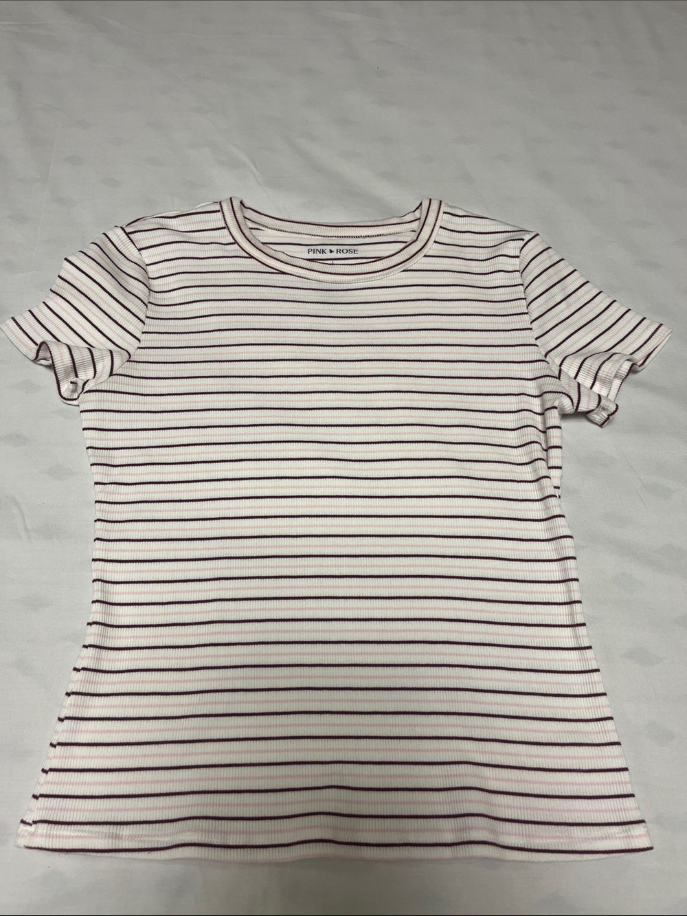 Pink Rose Women's Fitted Short Sleeve Striped Tee in White, Pink, Burgundy NWOT